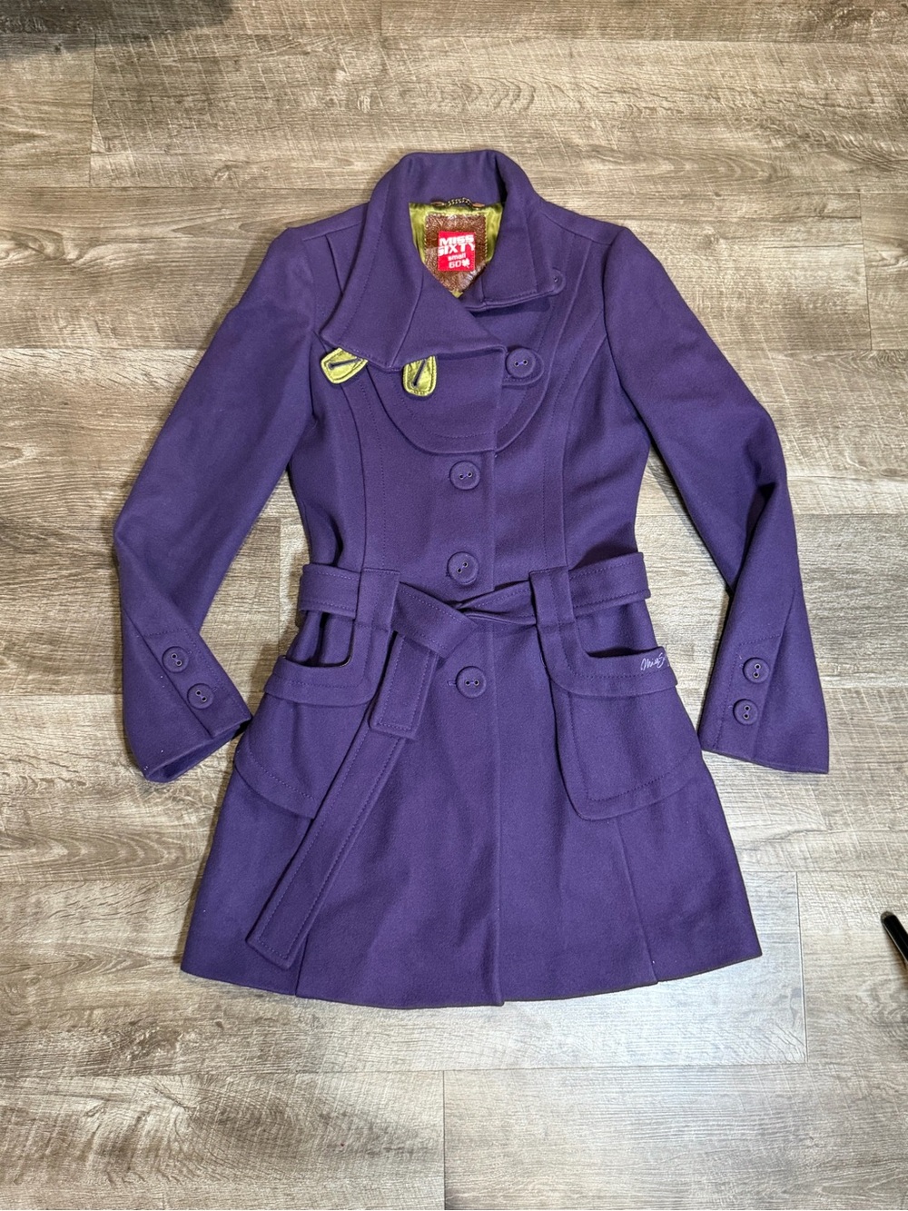 VTG Miss Sixty Purple Wool 3/4 Long Coat W\Belt SZ Small